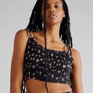 Free People Kaia Crop Top S Black‎ Smocked Modal Tie Strap Boho Summer Chic